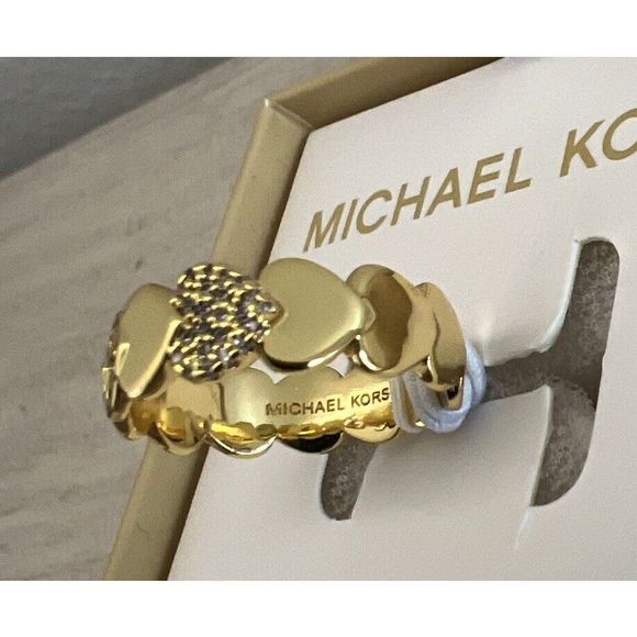 Michael Kors Gold Filled Heart, Crystal & Logo Ring Size 8 New In Box - Picture 7 of 10